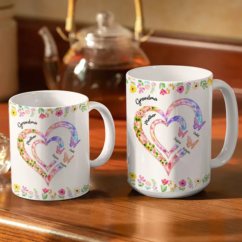 Personalized Ceramic Mug with Crystal Heart for Grandma & Mom, Butterfly Floral Design, Unique Family Gift for Daily Coffee
