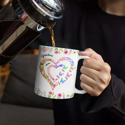 Personalized Ceramic Mug with Crystal Heart for Grandma & Mom, Butterfly Floral Design, Unique Family Gift for Daily Coffee