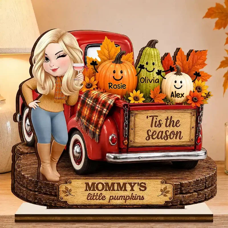 Personalized Layered Wooden Plaque, Grandma Beside a Red Truck with Little Pumpkins, Unique Fall Gift for Grandma