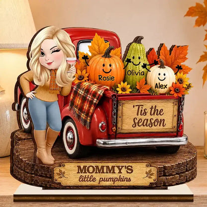 Personalized Layered Wooden Plaque, Grandma Beside a Red Truck with Little Pumpkins, Unique Fall Gift for Grandma