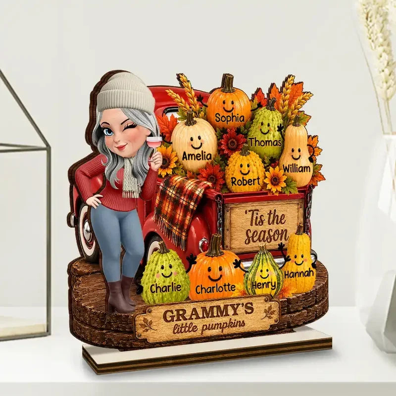 Personalized Layered Wooden Plaque, Grandma Beside a Red Truck with Little Pumpkins, Unique Fall Gift for Grandma