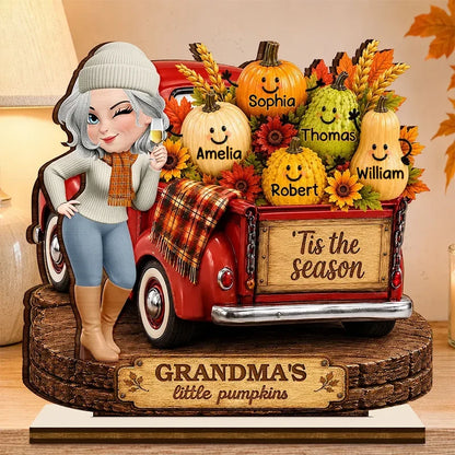 Personalized Layered Wooden Plaque, Grandma Beside a Red Truck with Little Pumpkins, Unique Fall Gift for Grandma