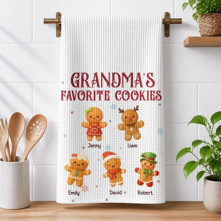 Grandma's Favorite Cookies Kitchen Towel, Personalized Gingerbread Scene, Creative Family Gift for Grandma