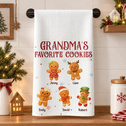 Grandma's Favorite Cookies Kitchen Towel, Personalized Gingerbread Scene, Creative Family Gift for Grandma