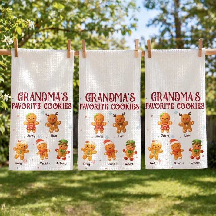 Grandma's Favorite Cookies Kitchen Towel, Personalized Gingerbread Scene, Creative Family Gift for Grandma