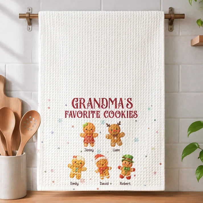 Grandma's Favorite Cookies Kitchen Towel, Personalized Gingerbread Scene, Creative Family Gift for Grandma