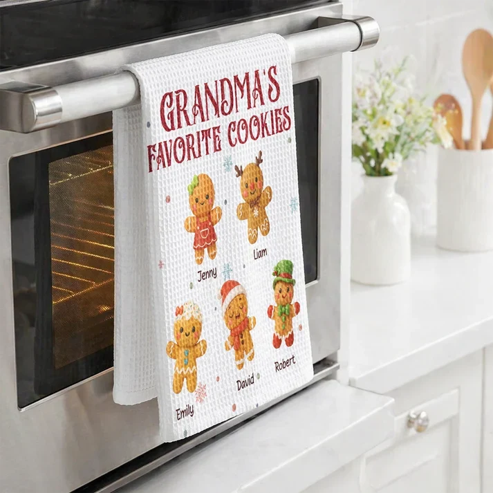 Grandma's Favorite Cookies Kitchen Towel, Personalized Gingerbread Scene, Creative Family Gift for Grandma