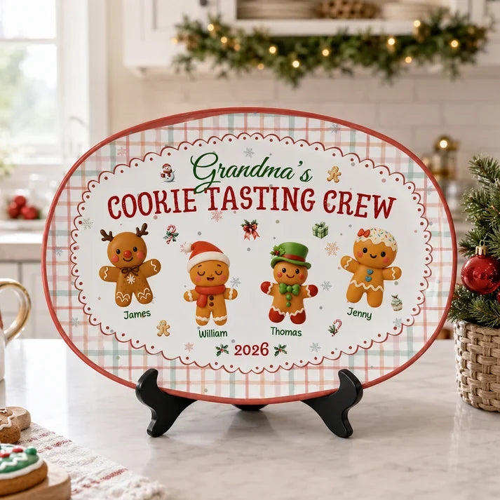 Grandma's Cookie Tasting Crew Grilling Plate, Personalized Plaid Keepsake, Creative Family Gift