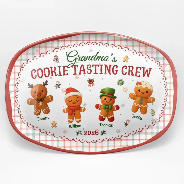 Grandma's Cookie Tasting Crew Grilling Plate, Personalized Plaid Keepsake, Creative Family Gift