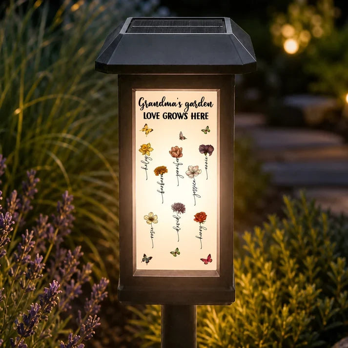 Personalized Solar Garden Stake Light, Warm Botanical Love Grows Here Design, Unique Gift for Grandma