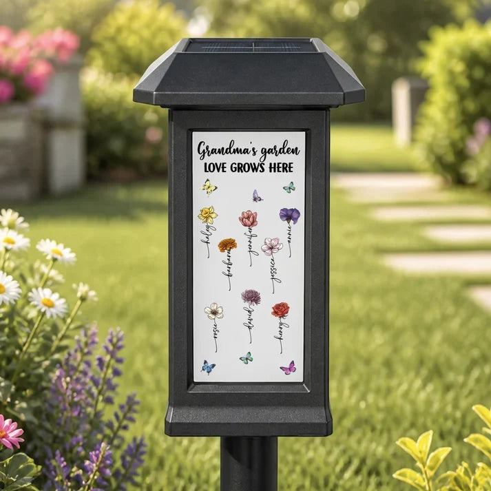 Personalized Solar Garden Stake Light, Warm Botanical Love Grows Here Design, Unique Gift for Grandma