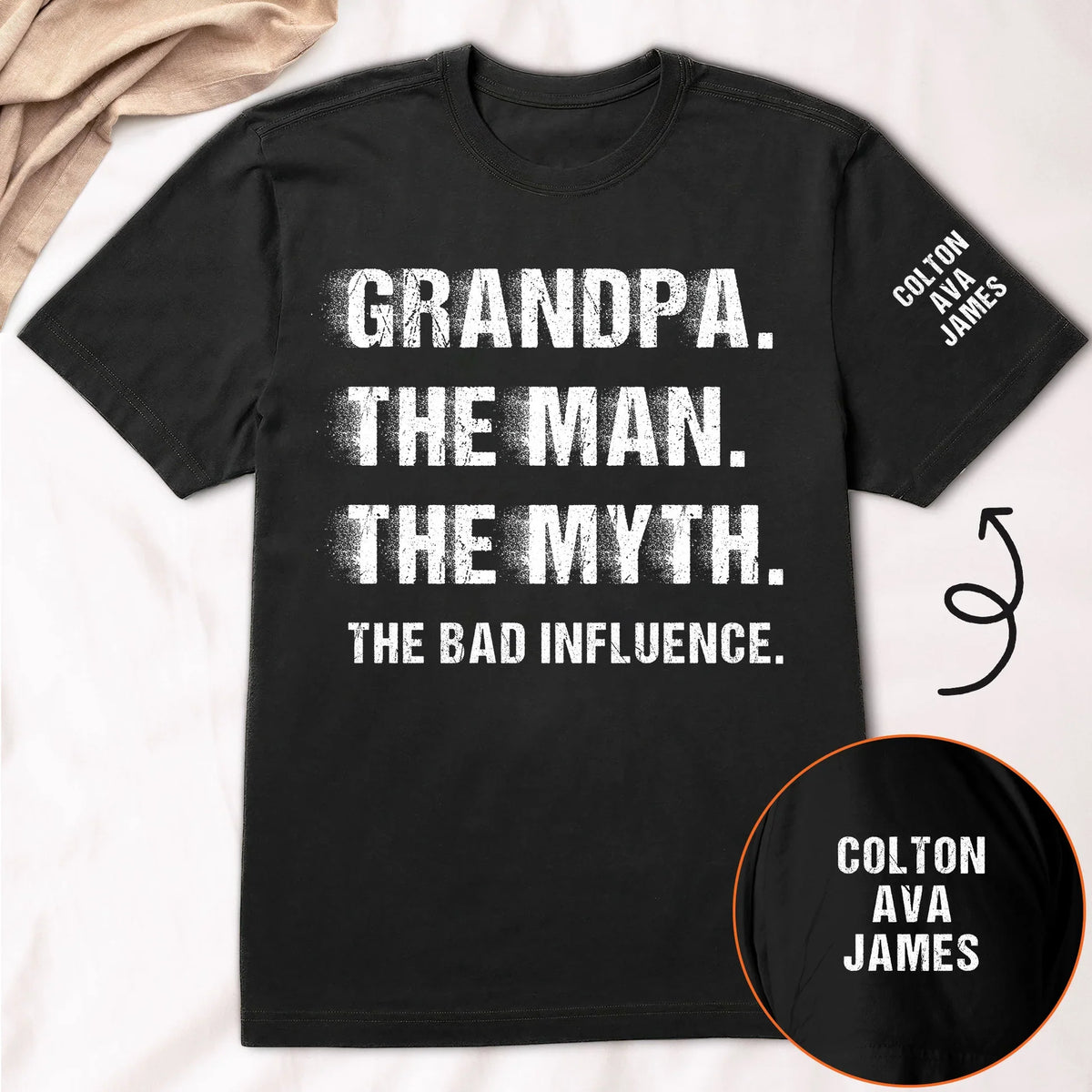 Grandpa The Man The Myth The Bad Influence Dual Print Classic Tee, Personalized Gift from Grandkids with Bold Vintage Text