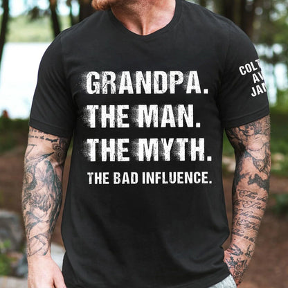 Grandpa The Man The Myth The Bad Influence Dual Print Classic Tee, Personalized Gift from Grandkids with Bold Vintage Text