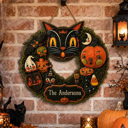 Personalized Wooden Sign, Whimsical Black Cat Halloween Keepsake, Creative Gift for Cat Lovers