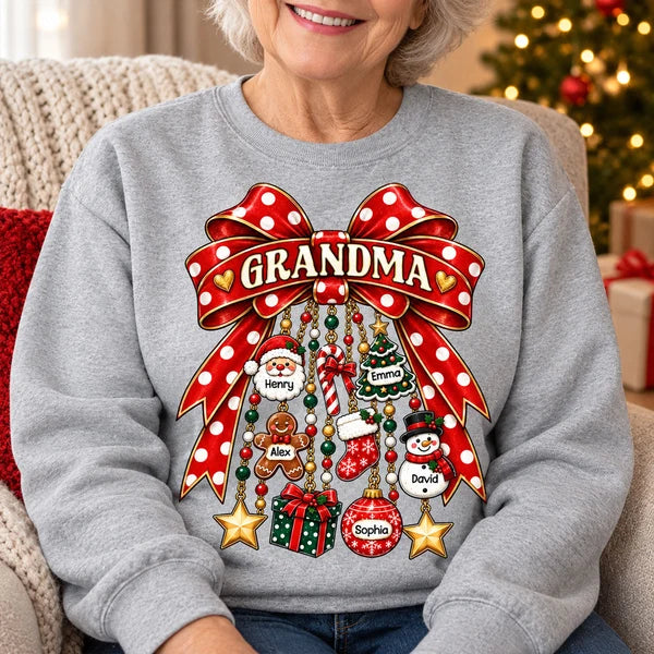 Personalized Grandma Classic Tee with Retro Christmas Bow, Unique Gift for Cozy Holiday Gatherings