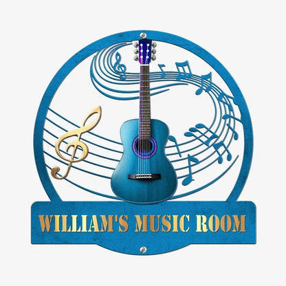 Personalized Shaped Metal Sign with Guitar and Musical Notes, Rustic Music Room Decor, Unique Gift for Guitarist