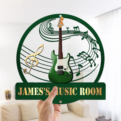 Personalized Shaped Metal Sign with Guitar and Musical Notes, Rustic Music Room Decor, Unique Gift for Guitarist