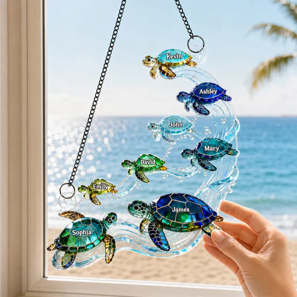 Swimming Sea Turtle Family Acrylic Suncatcher Ornament, Personalized Unique Creative Gift for Family Window Decor