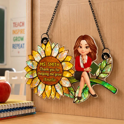Personalized Acrylic Suncatcher Ornament for Teacher, Unique Sunflower Gift with Cartoon Teacher Holding a Book