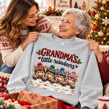 Personalized Grandma Sweatshirt with Cute Peeking Reindeer, Red Plaid Christmas Design, Unique Gift for Grandma