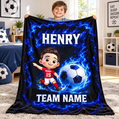 Personalized Fleece Blanket, Electric Blue Cartoon Child Kicking a Soccer Ball, Unique Gift for Young Players