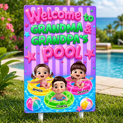 Personalized Rectangular Iron Sign, Neon Grandma & Grandpa Pool Decor, Unique Gift for Grandparents