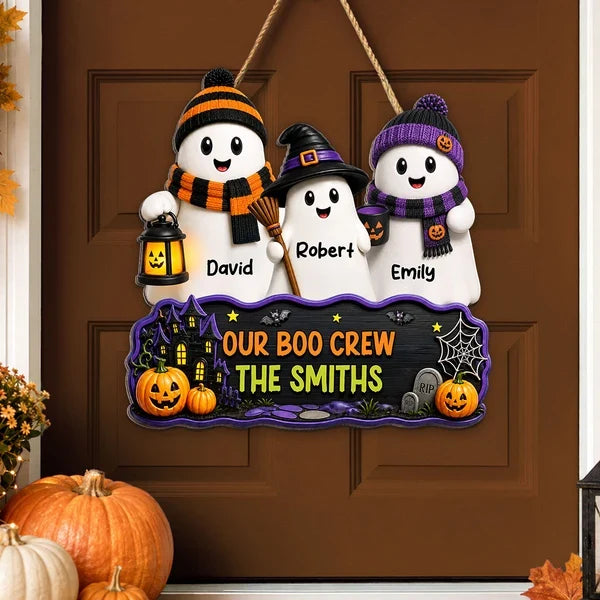 Our Boo Crew Wooden Sign, Personalized Ghost Family with Pumpkins and Haunted House, Creative Gift for Family
