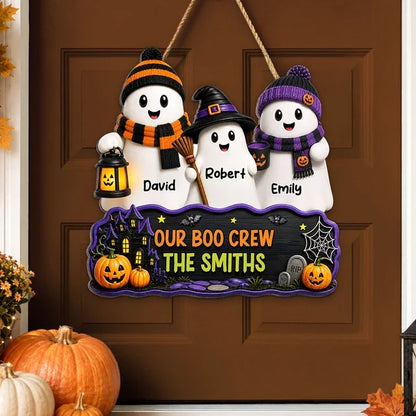 Our Boo Crew Wooden Sign, Personalized Ghost Family with Pumpkins and Haunted House, Creative Gift for Family