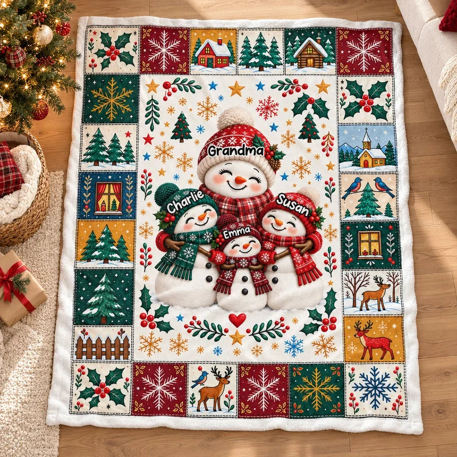 Personalized Fleece Blanket, Heartwarming Snowman Family Hug in Colorful Winter Art, Creative Gift for Grandma and Grandkids