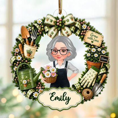 Grow with Love Personalized Acrylic Ornament, Cute Green Floral Design, Creative Gift for Women Who Garden