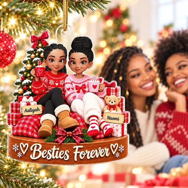 Personalized Acrylic Ornament, Friends Holding Mugs by a Christmas Tree, Unique Red Cartoon Gift for a Close Friend