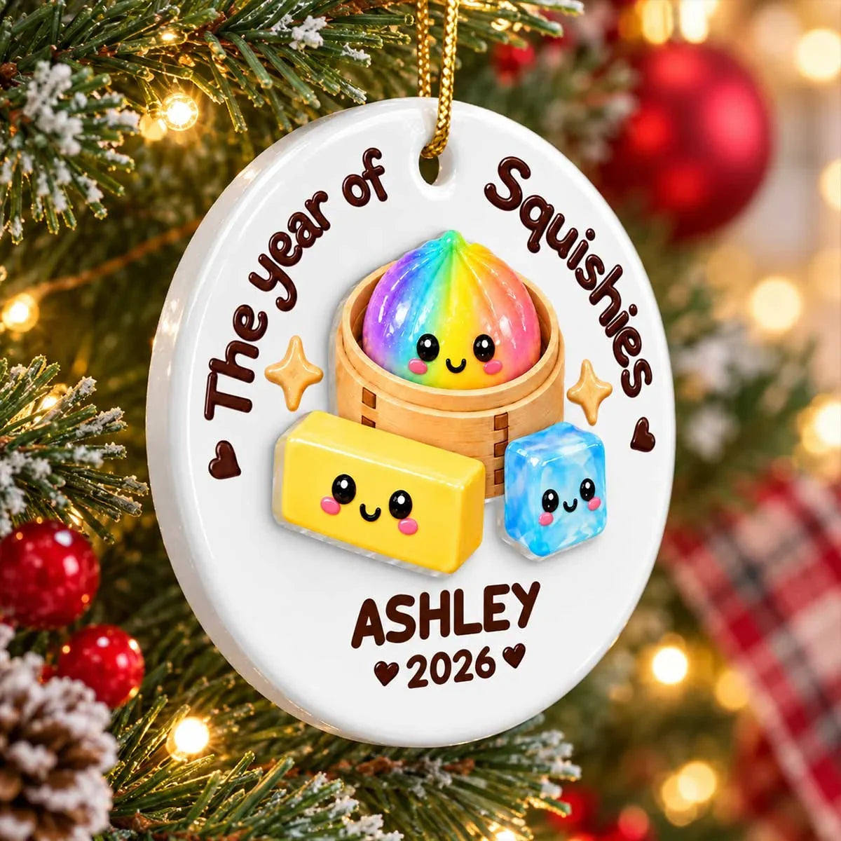 Personalized Ceramic Ornament, Cute Rainbow Dumplings in a Steamer, Unique Christmas Gift for Kids