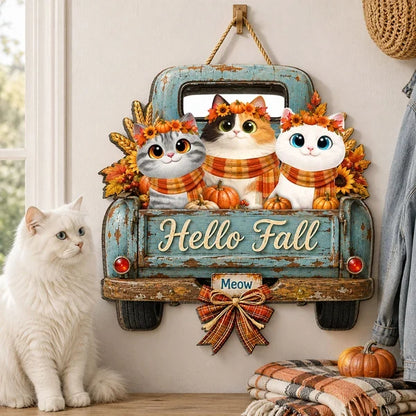 Personalized Wooden Sign with Cats in a Teal Vintage Truck, Rustic Fall Decor, Unique Gift for Cat Lovers