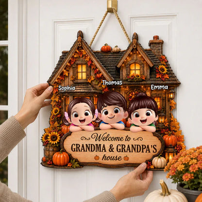 Wooden Sign with Welcome to Grandma & Grandpa's House, Cozy Autumn Cottage, Unique Creative Gift from Family
