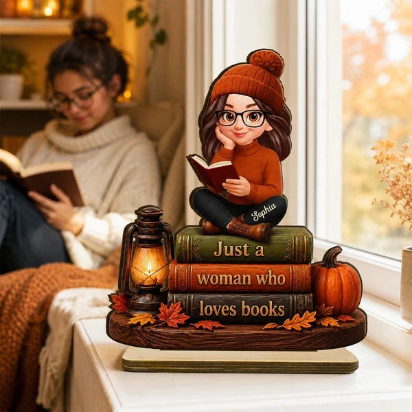 Personalized 2-Layer Wooden Plaque, Woman Reading Books Fall Decor, Unique Gift for Book Lovers