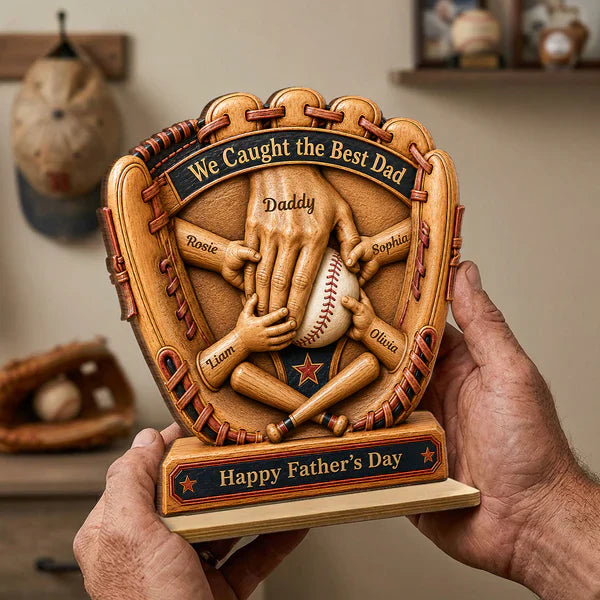 Personalized Wooden Plaque, Baseball Glove Dad & Kids' Hands, Unique Father's Day Gift for Dad