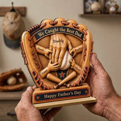 Personalized Wooden Plaque, Baseball Glove Dad & Kids' Hands, Unique Father's Day Gift for Dad