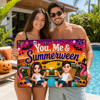 Personalized Rectangular Iron Sign, You, Me & Summerween Poolside Couple, Unique Gift for Couples