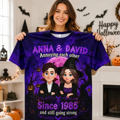 Personalized Printed Classic Tee, Halloween Couple with Arms Crossed Under a Full Moon, Unique Gift