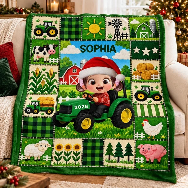 Personalized Fleece Blanket, Christmas Farm Boy Driving a Tractor, Unique Gift for Kids and Grandkids