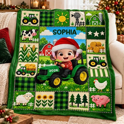 Personalized Fleece Blanket, Christmas Farm Boy Driving a Tractor, Unique Gift for Kids and Grandkids