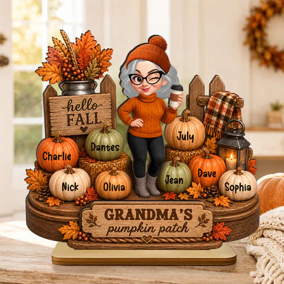 Personalized 2-Layer Wooden Plaque, Grandma Holding Coffee in Fall Pumpkin Patch, Unique Gift for Grandma