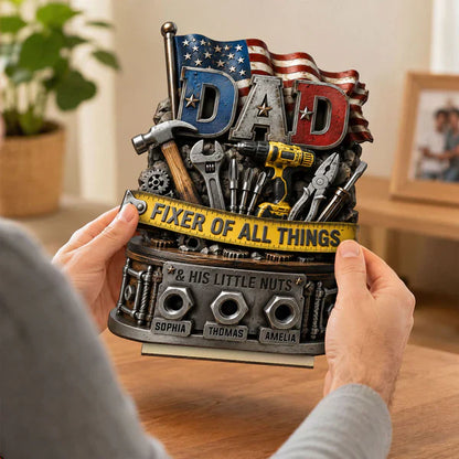 Dad Fixer of All Things Personalized 2-Layer Wooden Plaque, Creative Gift with Tools & Flag