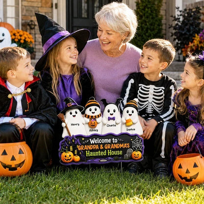 Personalized Shaped Yard Sign with Cute Ghost Family and Haunted House, Unique Gift for Grandparents
