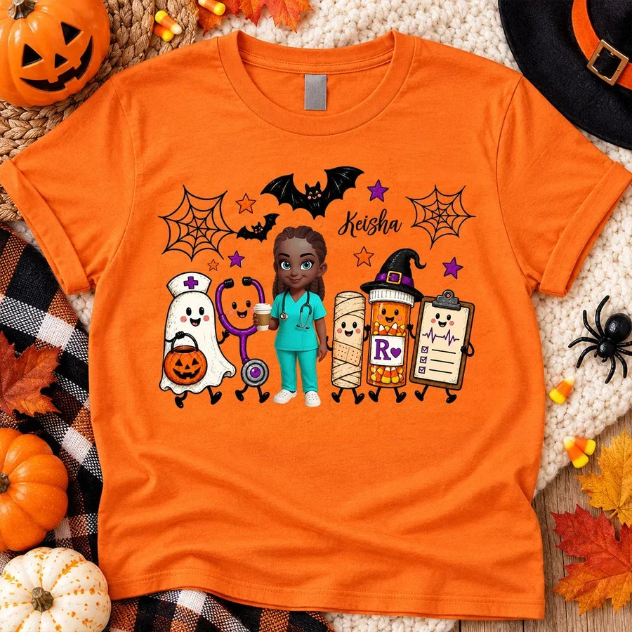 Classic Tee with Personalized Halloween Nurse Holding Coffee, Playful Medical Art, Creative Gift for a Nurse