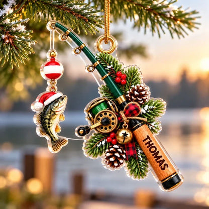 Personalized Fishing Acrylic Ornament, Santa Hat Fish on Snowy Pine, Sentimental Creative Christmas Gift for Dad
