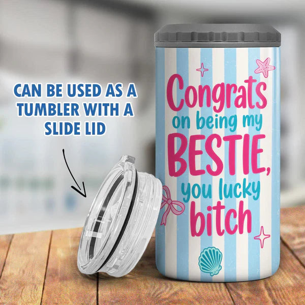 Personalized Can Cooler With Cartoon Besties, Stripe Beach Style, Unique Gift For Best Friend