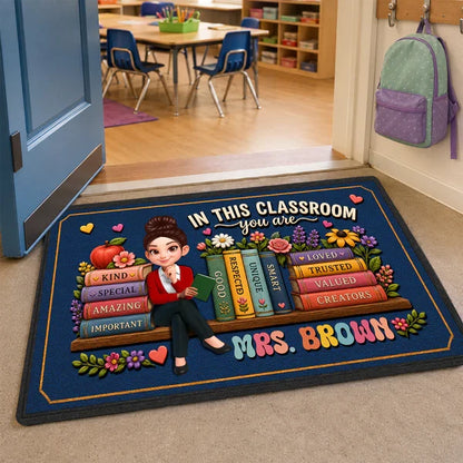 Personalized Teacher Doormat, Navy Classroom Welcome Design, Unique Creative Gift for Back to School