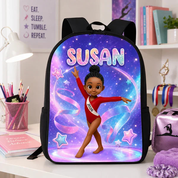 Kids School Backpack with Custom Gymnastics Art, Sparkly Purple Ribbons, Creative Gift for Granddaughter