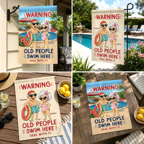 Warning Old People Swim Here Personalized Garden Flag, Funny Pool Patio Decor, Creative Gift for Grandparents